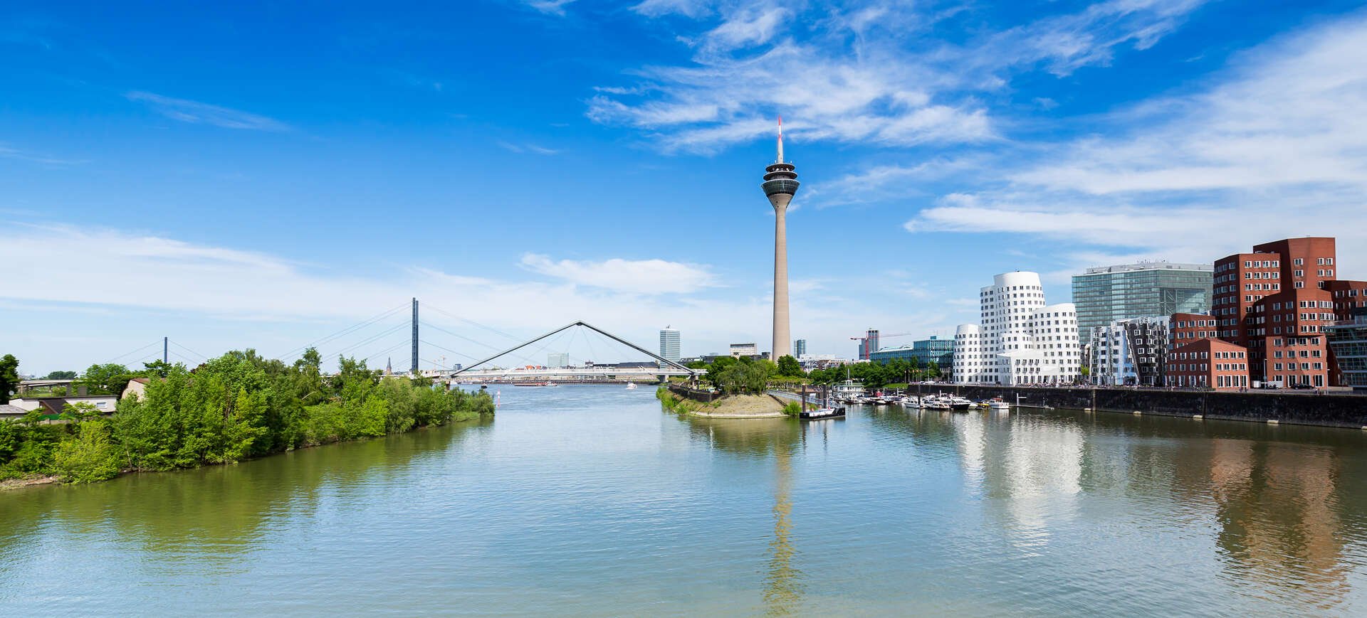 blue-sky-with-clouds-summer-dusseldorf-rheinturm-tower-bridge-nordrheinwestfalen-germany-europe